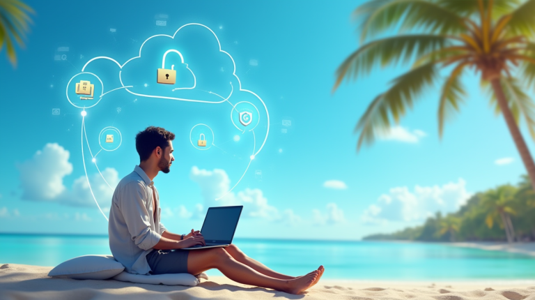ROI of Cloud Storage for Digital Nomads, beach laptop setup. A digital nomad works remotely on a laptop displaying cloud storage synchronization, showcasing freedom and efficient data access in a tropical paradise.