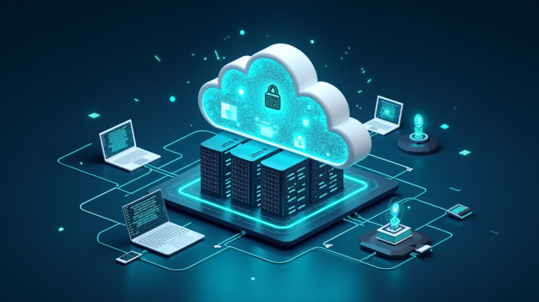 Cloud Storage Myths debunked with a futuristic data center showing secure cloud access from multiple devices.